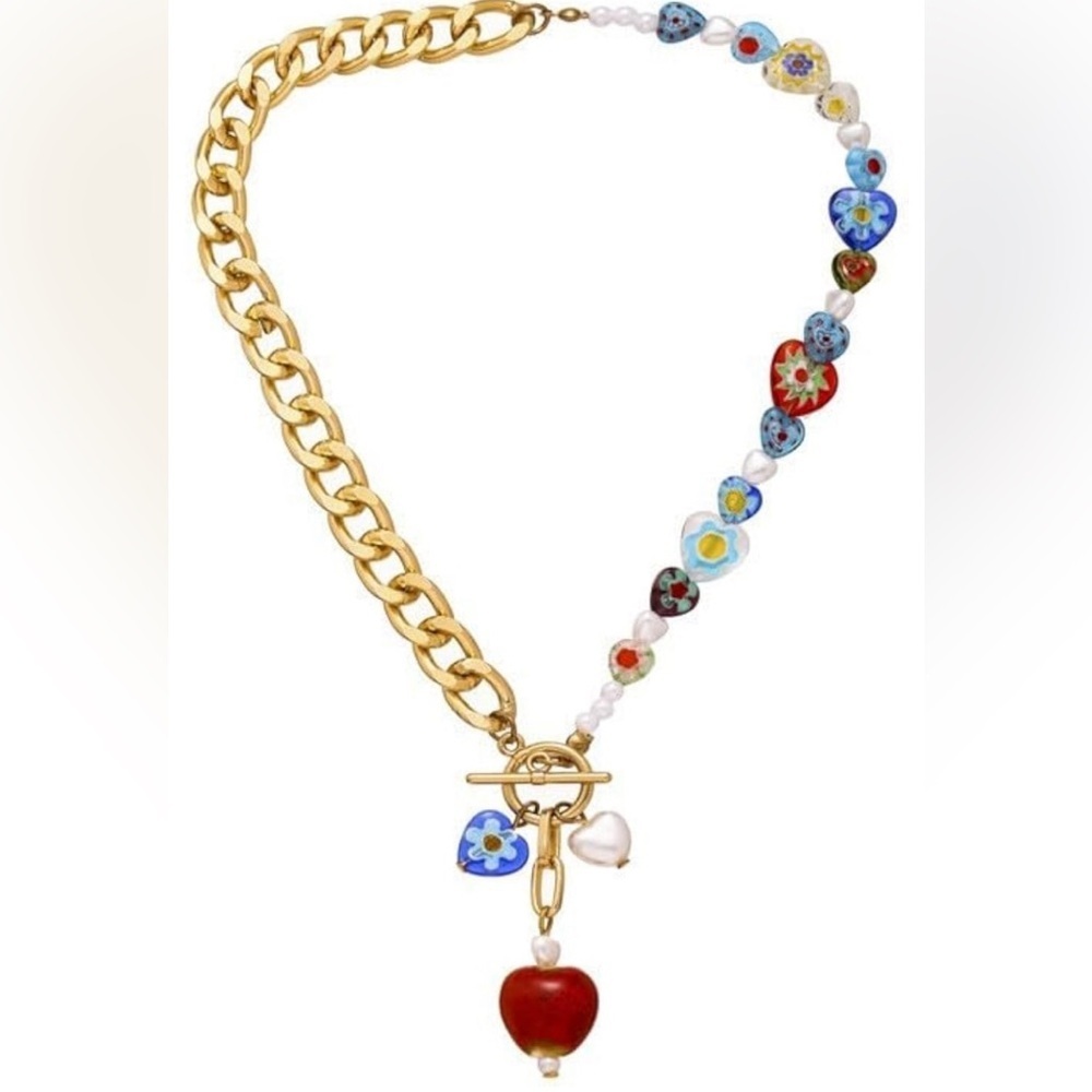 Colorful Gold Chunky Chain Heart Pendant Boho Evil Eye Necklace - Picture 1 of 6